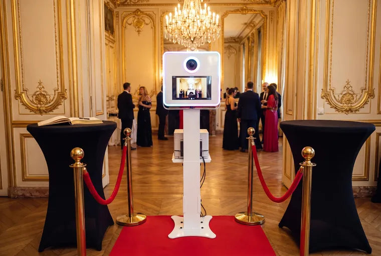 Installation photobooth VIP dans un salon doré à Paris, avec tapis rouge et cordon rouge