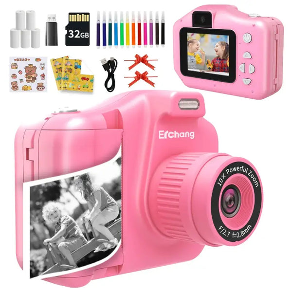 Appareil Photo Enfant avec Impression Immédiate, caméra rose et accessoires colorés