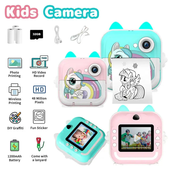 Appareil photo enfant mint green et rose avec oreilles de chat et décorations ludiques