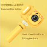 Appareil photo enfant vintage avec selfie stick et motif de chat jaune