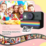 Appareil photo imprimante enfant avec design noir et bande rainbow