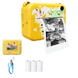 Appareil photo instantané enfant jaune avec décorations animales et photos noir et blanc