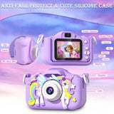 Appareil photo licorne violet pour enfants avec décorations et housse en silicone