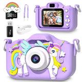 Appareil photo licorne violet avec décorations arc-en-ciel et accessoires fantaisie