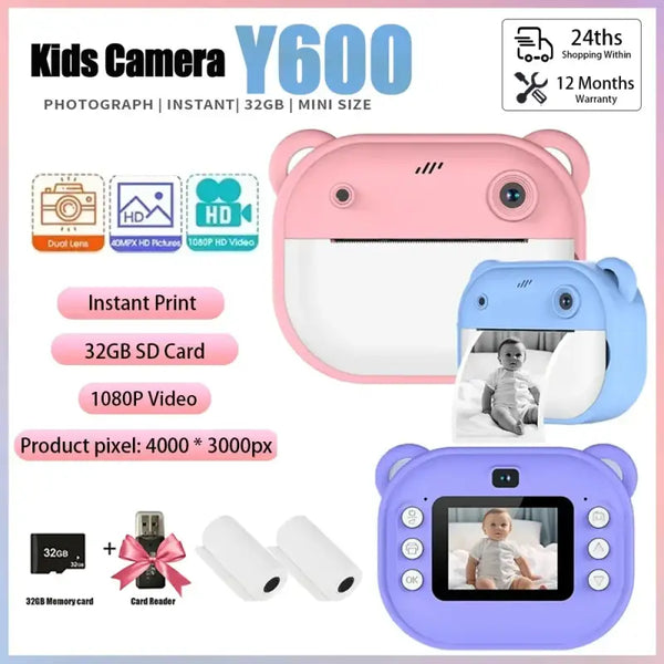 Appareil photo ours pour enfants avec impression instantanée en rose, bleu et violet