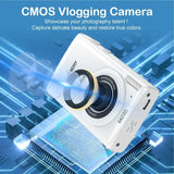 Appareil photo vlogging CMOS blanc avec objectif circulaire et accent doré pour ado 12 ans