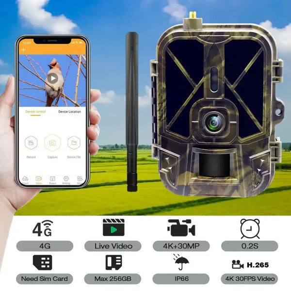 Caméra de chasse solaire 4G avec connectivité smartphone et vidéo en direct